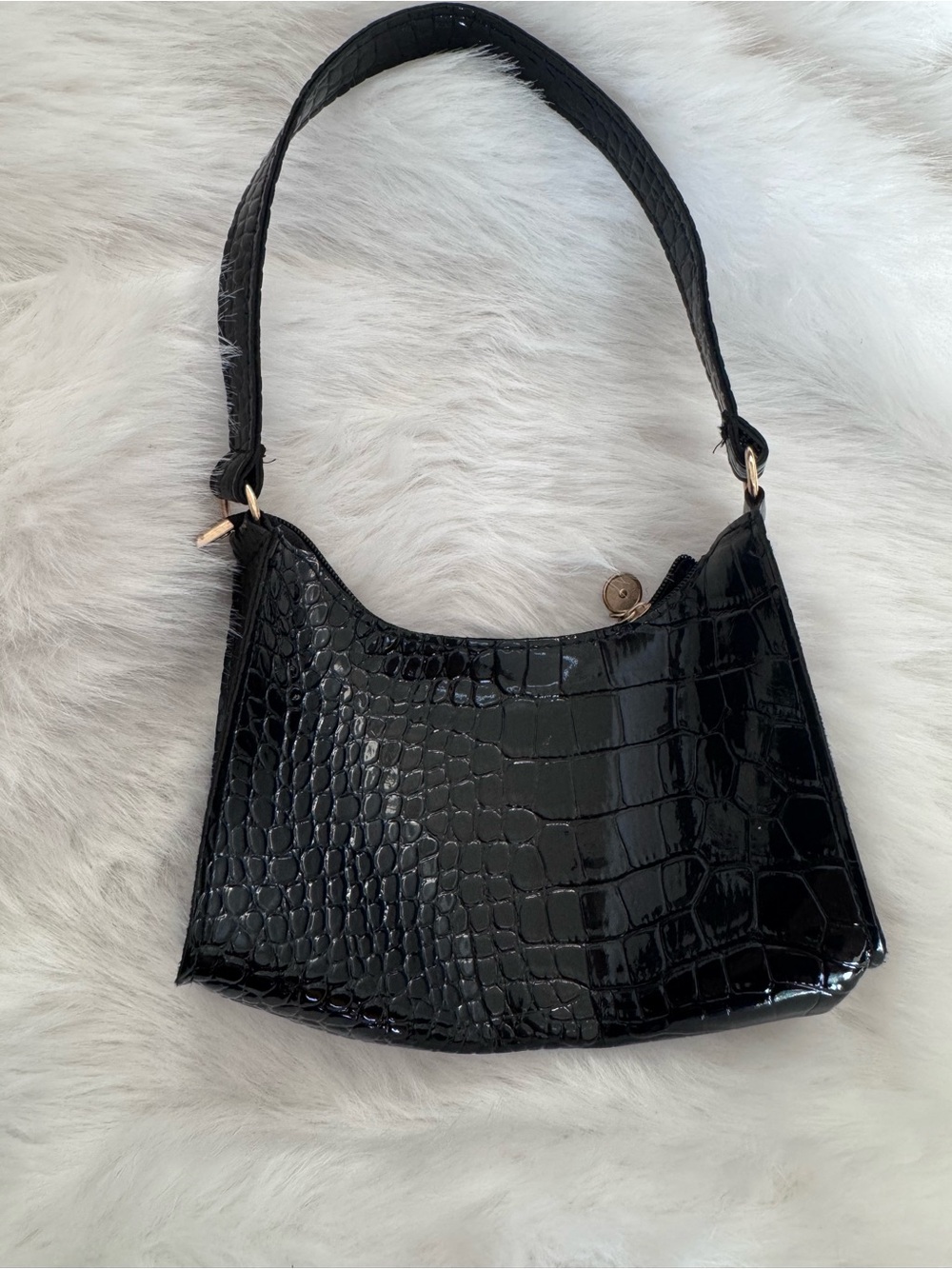 Black Croc-Embossed Shoulder Bag with Top Strap